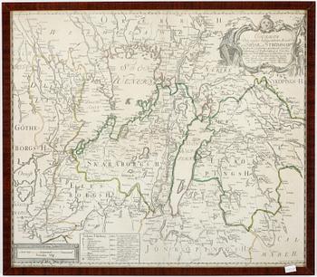 KARTA, delvis kolorerat kopparstick, Nils Marelius, daterat 1774 i plåten