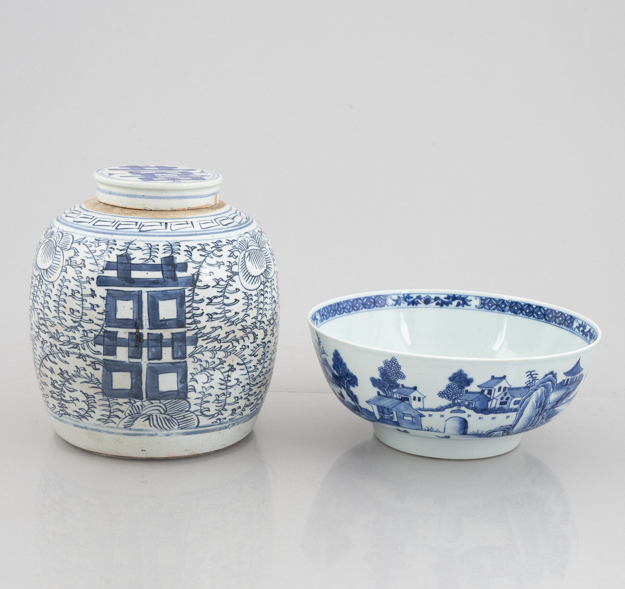 A blue and white porcelain bowl and a blue and white urn lidded jar, China,.