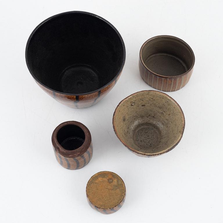 Kirsten Sloth, a box with cover, a bowl and two vases, own workshop, Denmark, later part of the 20th Century.