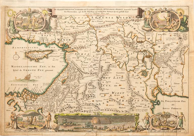 Kartor över Det Heliga Landet, 2 st, Augustin Calmet 1726 samt Jacob & Hendrik Keur 1748, handkolorerade kopparstick.