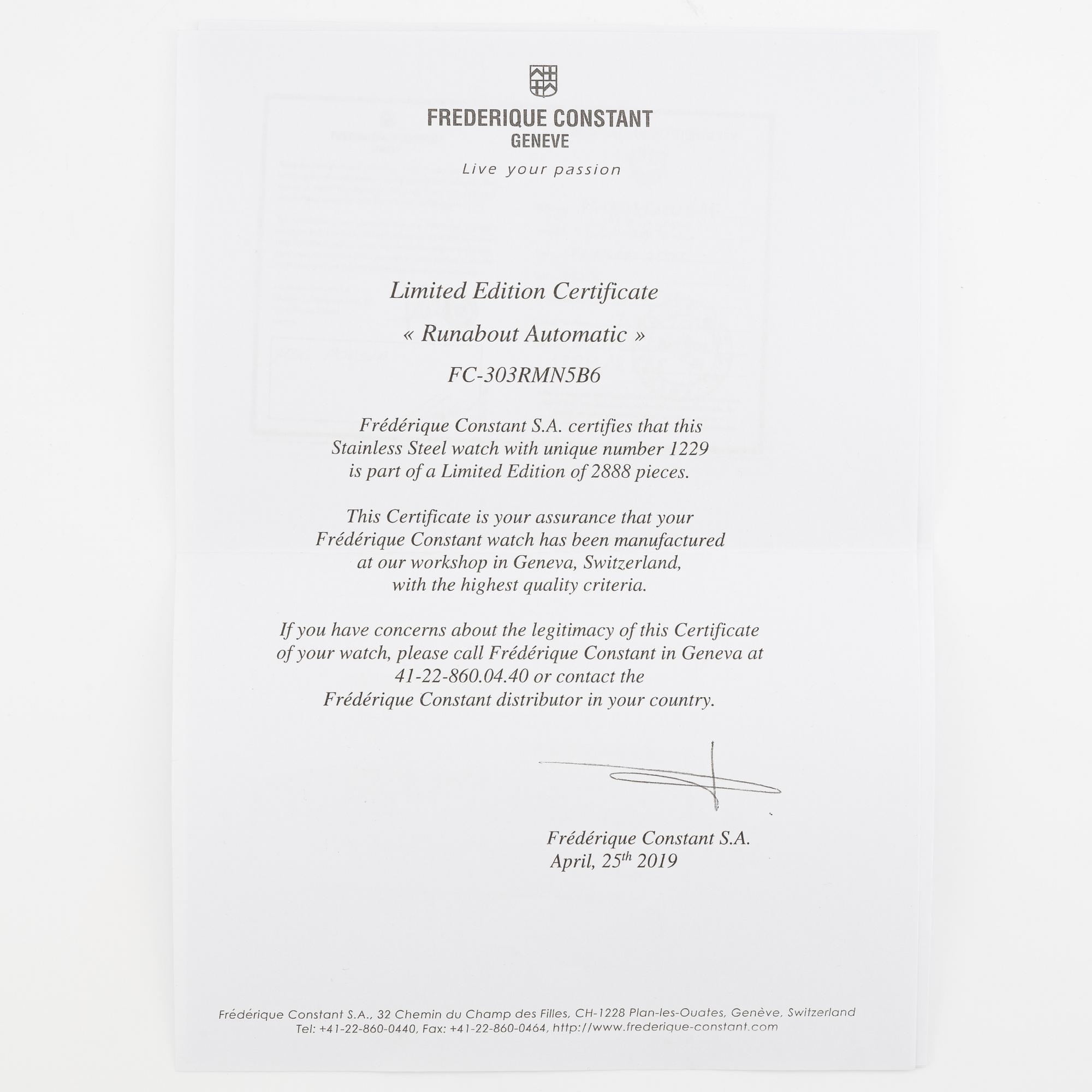 Frederique Constant, Runabout, "Limited Edition", armbandsur, 42 mm.