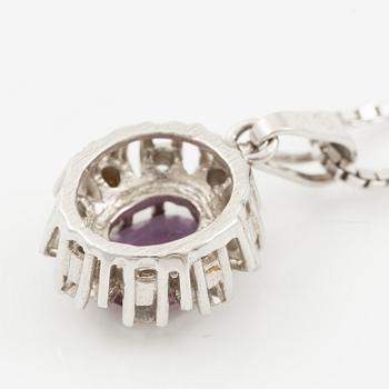 Pendant with gold chain, 
Pendant with white gold chain, 
Earrings a pair, rubies with brilliant-cut diamonds.