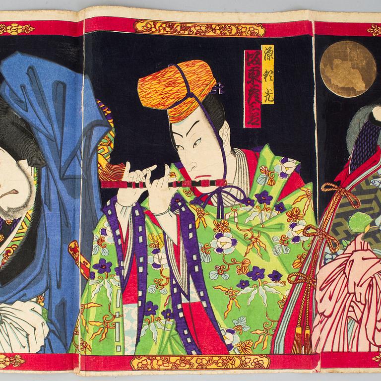 A Japanese woodblock print, triptych, by Toyohara Kunichika (1835–1900). Late 19th century.