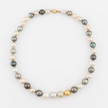 A necklace of cultured South Sea and Tahitian pearls.