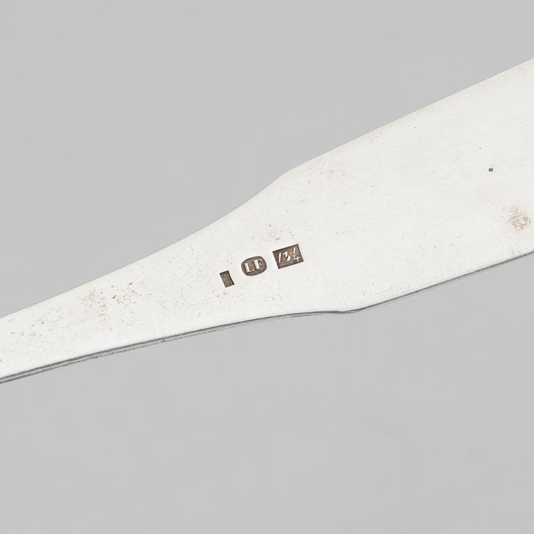 Two serving spoons, low-grade silver, 19th Century, possibly marks of Jacob Andreas Mort, Oslo (1796 - 1854) and of.