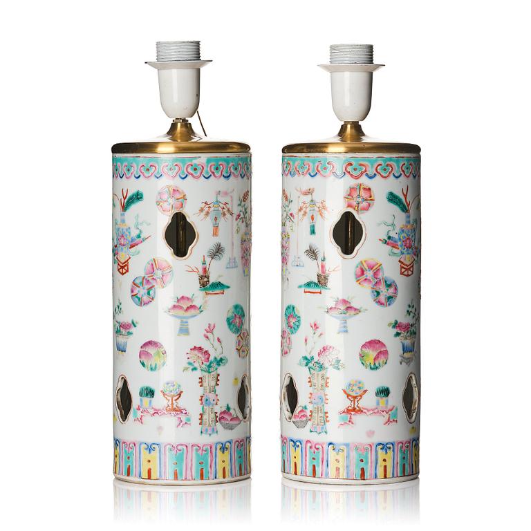 A pair of Chinese famille rose lanterns/hatstands mounted as lamps, Qing dynasty, 19th Century.