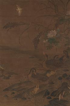 972. A scroll painting of geese in a landscape, late Qing dynasty/Republic.