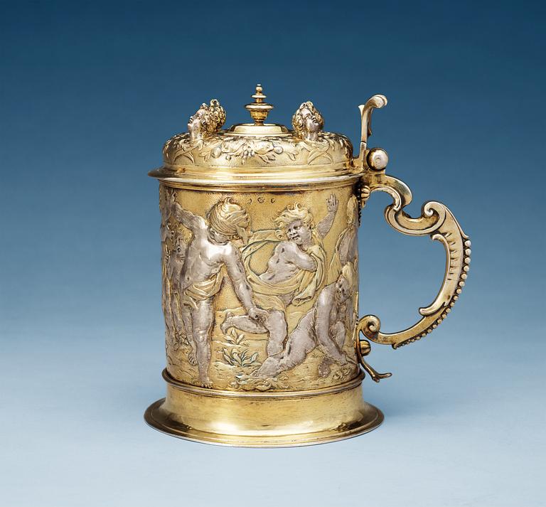 An important German 17th century parcel-gilt tankard, makers mark of Abraham Drentwett I, Augsburg 1645-1650.