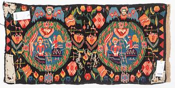 Åkdyna, "Bebådelsen", flamskväv, ca 105 x 52 cm, Skåne, 1800-1830.