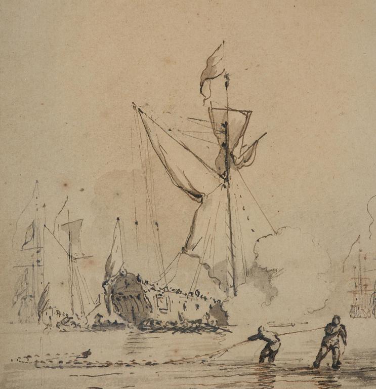 Willem van de Velde, attributed to, Coastal scene with fishermen and warships.