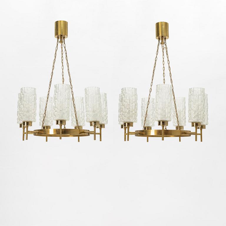 A glass and brass ceiling light, mid 20th Century.