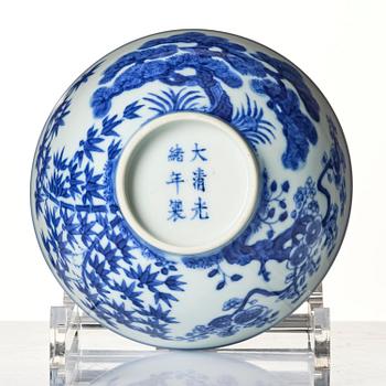 A blue and white 'three friends of winter' bowl, Qing dynasty, Guangxu mark and of the period (1875-1908).