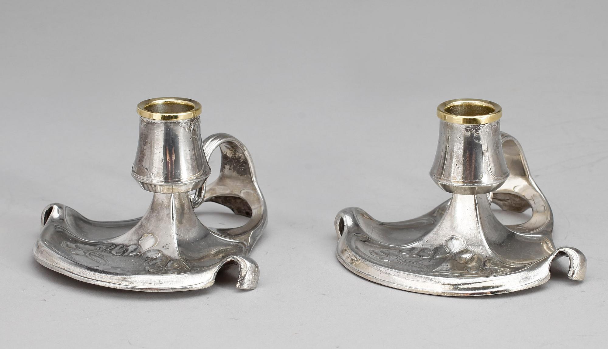 LJUSSTAKAR, 2 par, nysilver, Wurttembergische Metallwarenfabrik, jugend. Omkring 1900.