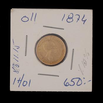 GULDMYNT, 10 kronor, Oscar II, 1874. Vikt ca 4,5 gram.