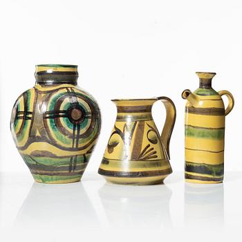 Allan Ebeling, two glazed ceramic ewers and a vase, Torshälla 1930s.
