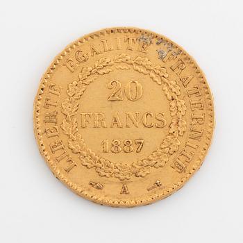 A French gold coin, 20 Francs, 1887.
