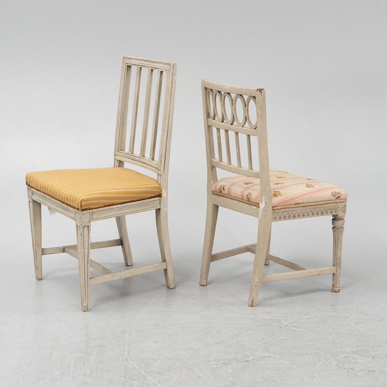 Six Gustavian chairs, different models, from Lindome, Sweden, around 1800.