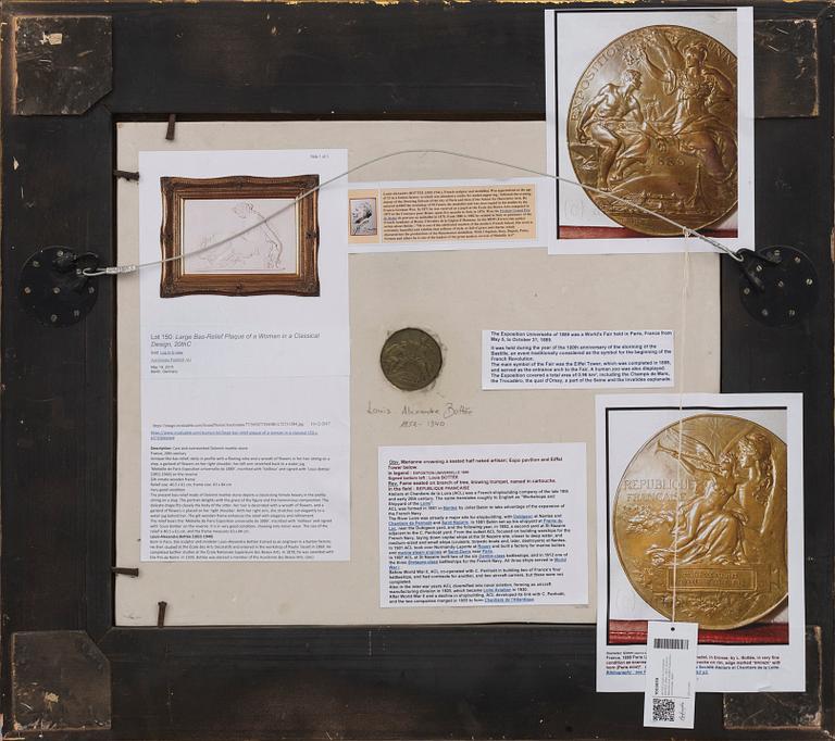 LOUIS ALEXANDRE BOTTEE, after, BISQUIT RELIEF. insert bronze medallion of "Exposition Universelle, 1889".