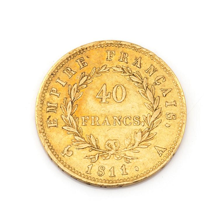 A FRENCH 40 FRANCS GOLD COIN, Napoleon I, 1811. Ca 9 grams.