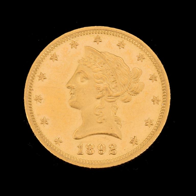 TEN DOLLARS GOLD COIN from 1892. Weight ca 17 grams.