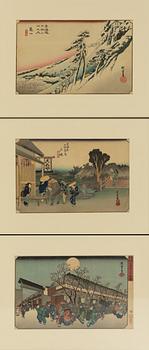 Ando Utagawa Hiroshige, after, three woodblock prints from two series, 20th century.