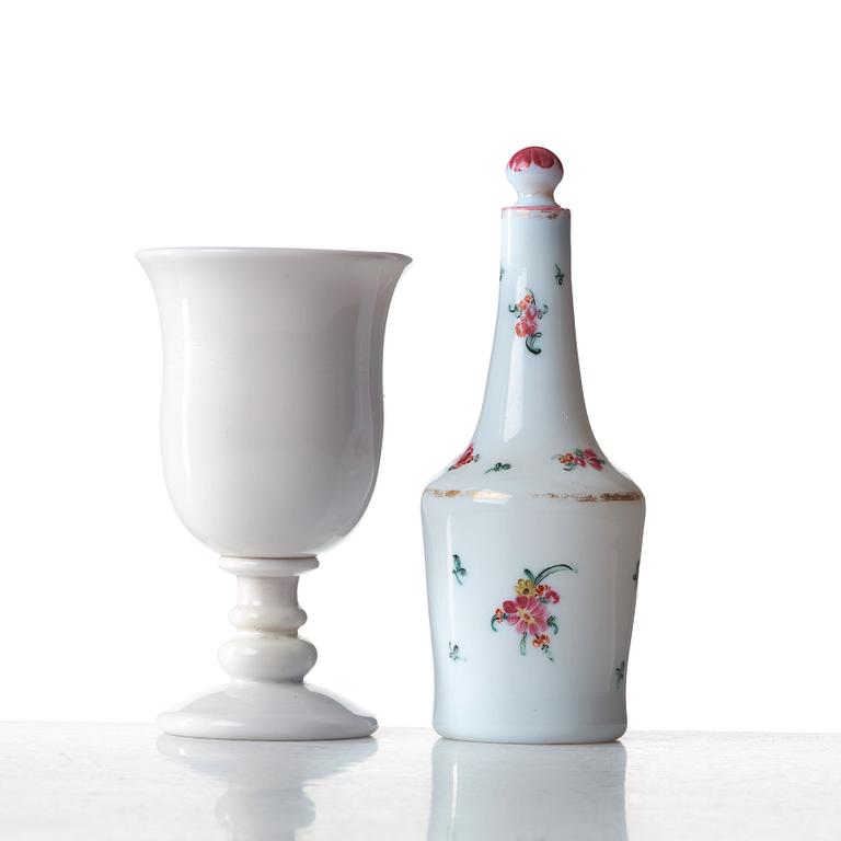 A Russian opaline bottle with stopper and a vase, early 19th Century.