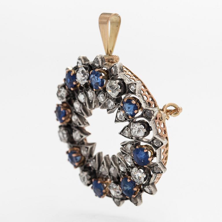 Brooch/pendant, ca 16K gold, set with sapphires, old mine and rose-cut diamonds.