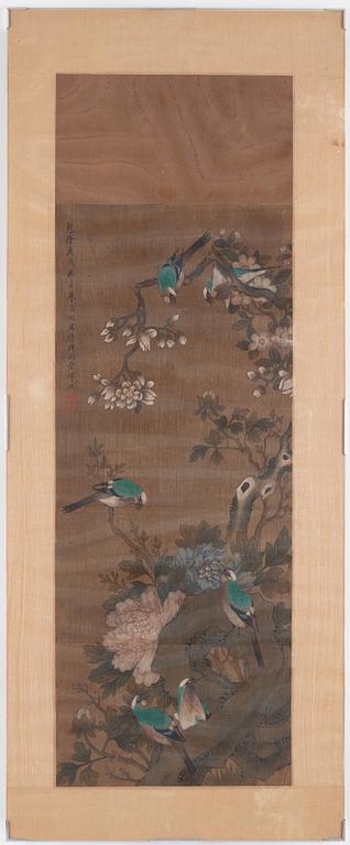 A Chinese scroll painting, ink and colour on silk laid on paper, Qing dynasty, 19th Century, after Yun Bing.