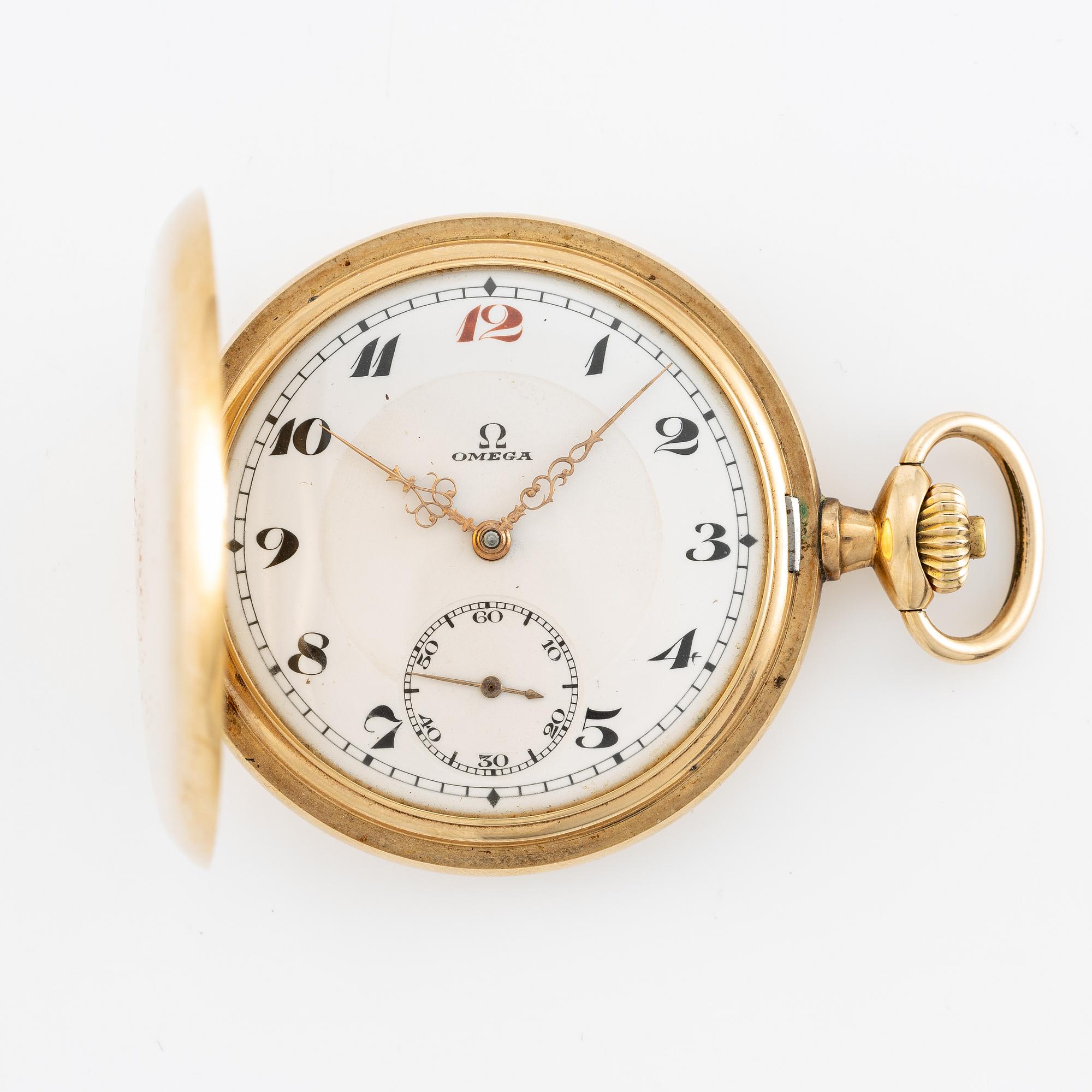 Omega, pocket watch, 14K gold, lever escapement, "Red Twelve", 52.5 mm.