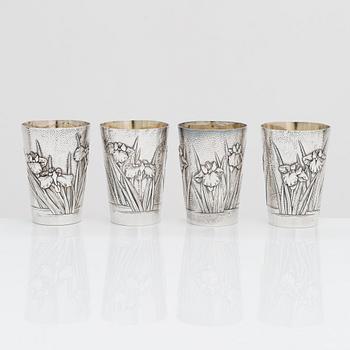 A set of four silver beakers, maker's mark of Musashiya, Yokohama. Late Meiji, early 20th century.