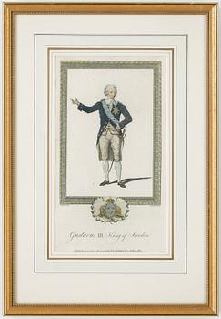 GRAVYR, handkolorerad, Gustav III, W&I Stratford, London, 1788.