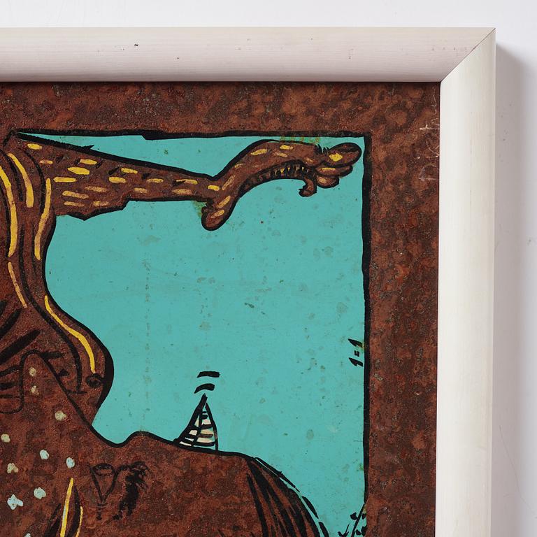Erik Dietman, mixed media on copper sheet, signed.
