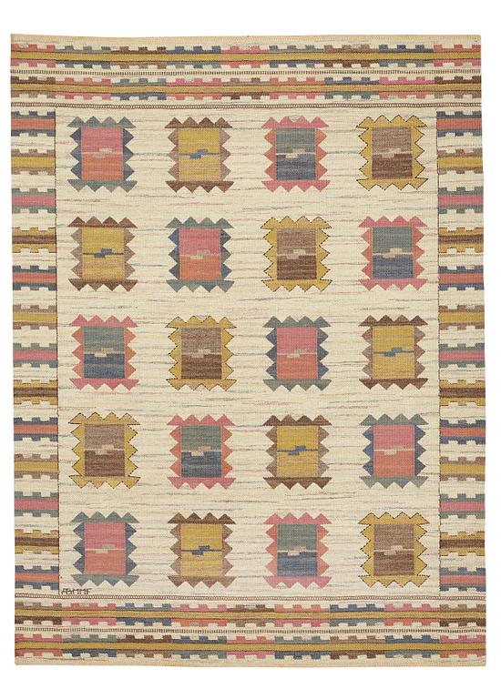 Märta Måås-Fjetterström, matto, "Ljusa plador", flat weave, ca 265,5-267 x 197,5-199 cm, signed AB MMF.