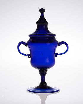 A blue glass jar with cover, 18th Century, presumably Norweigan and Hurdahl manufactory.