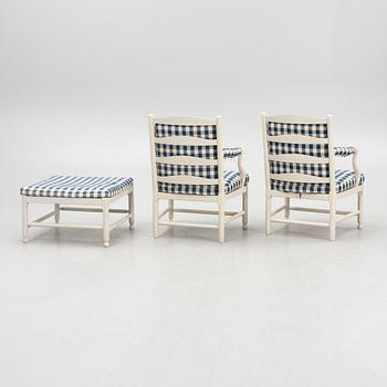 Armchairs, a pair, and footstool, "Medevi", IKEA, 1990s.