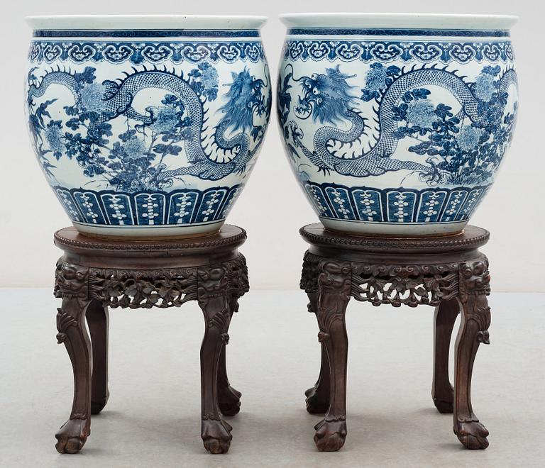 A pair of large blue and white fish basins/flower pots, late Qing dynasty, circa 1900.