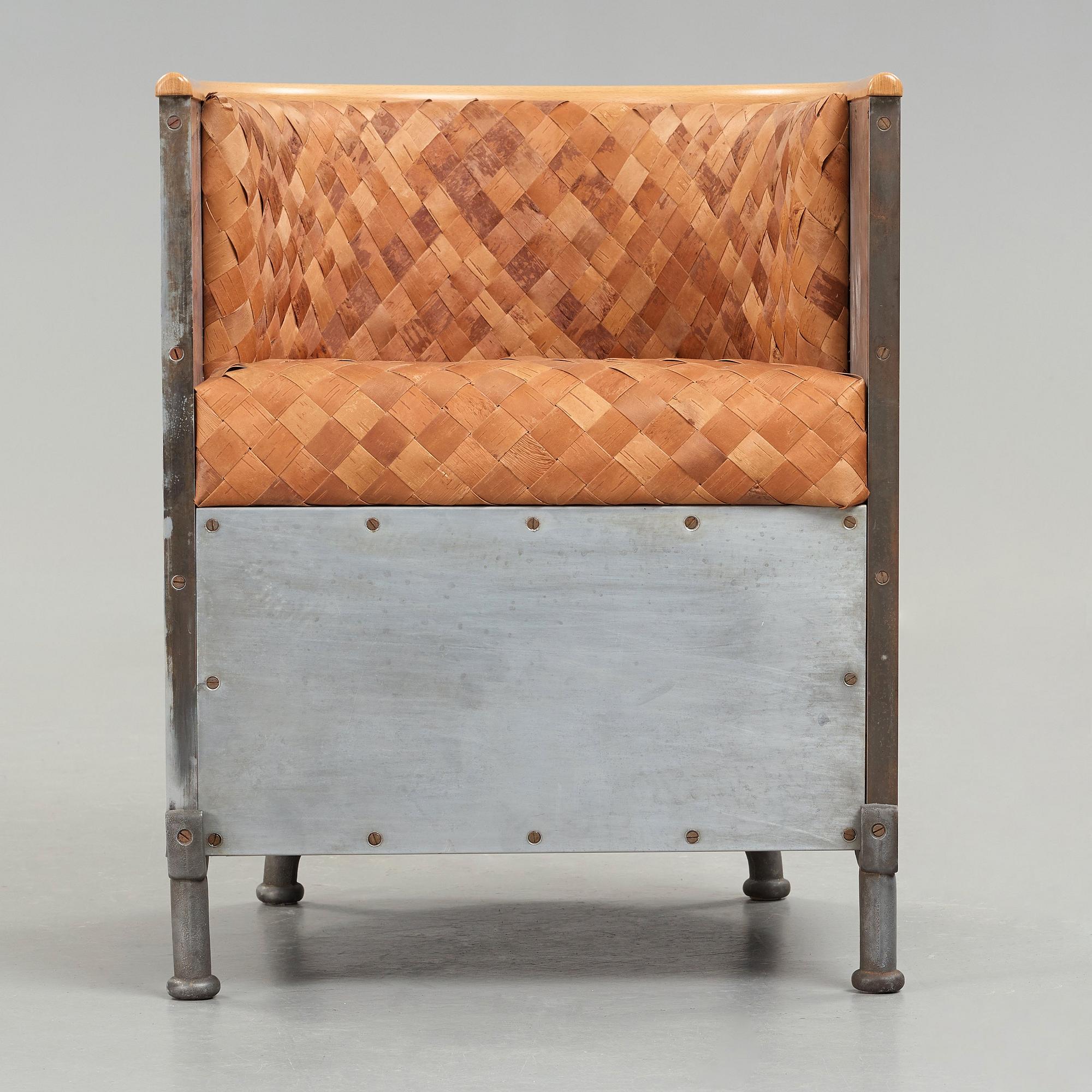 Mats Theselius, an 'Aluminiumfåtölj' easy chair upholstered with plaited birch bark, Källemo 1990.