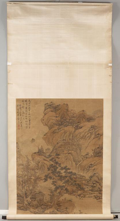 A hanging scroll of a landscape with figures in the style of Lan Ying (1586-1666), Qing dynasty, 19th century.