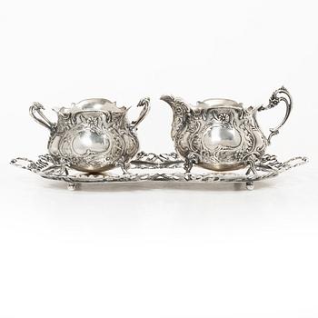 Gewe Silvervarufabriken Ab, cream jug, sugar bowl and tray, silver, Rococo style, Malmö 1968–1976.