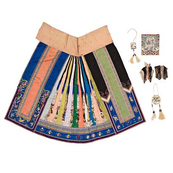 A Chinese skirt and a group of textiles, late Qing dynasty.