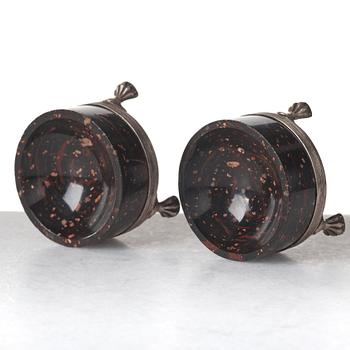 A pair of late Gustavian porphyry and silver salts. Silver maker's mark by Adam Tillström, Växjö 1799.