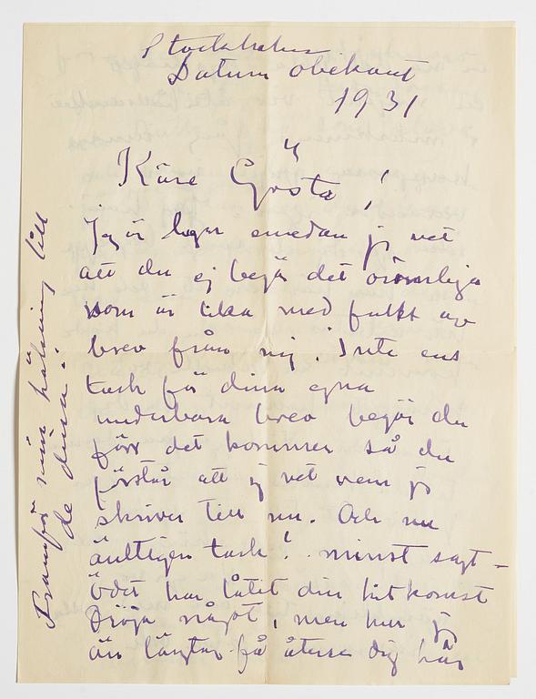 LETTER from Carl Kylberg in Stockholm to GAN (Gösta Adrian-Nilsson) in Lund. Dated 1931.