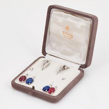 A pair of earrings set with cabochon cut sapphires, rubies, eight and brilliant cut diamonds.