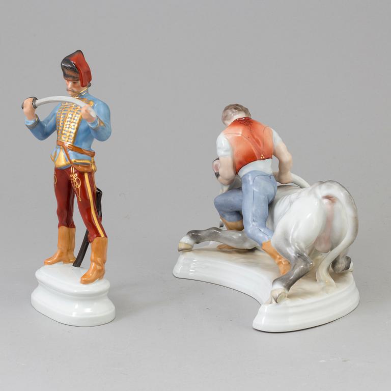 Herend porcelaine figurine Man Fighting with Bull Figurine and Hadik Hussar man, mid 20th century.