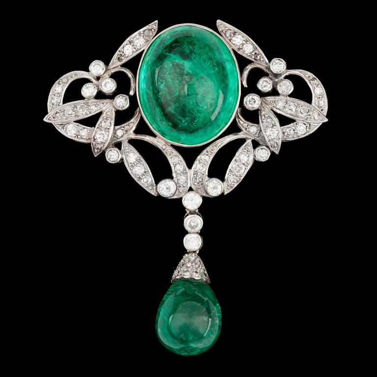 A cabochon cut emerald, tot. 37.06 cts and brilliant cut diamond brooch.