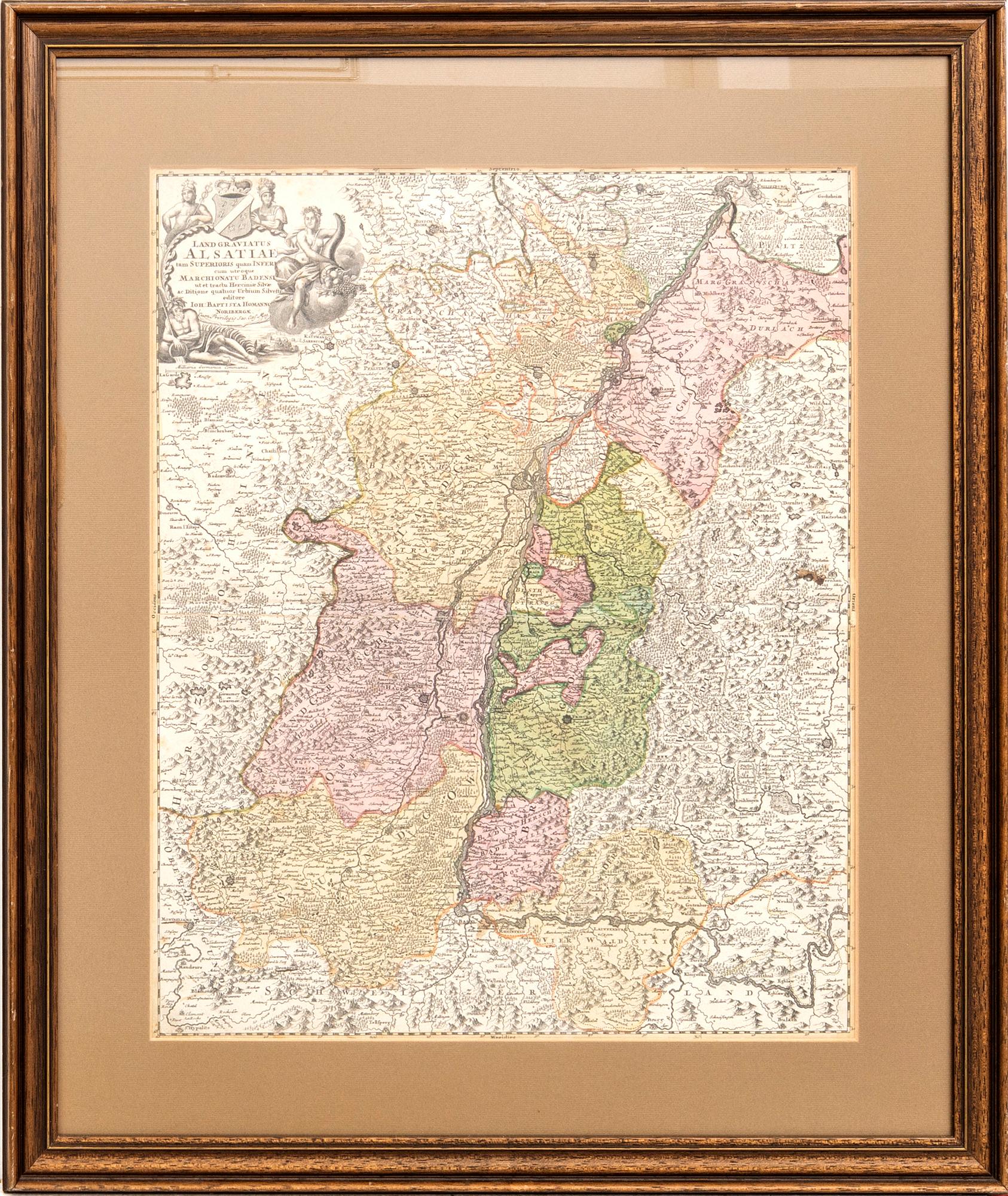 Johann Batista Homann, map of Alsace & Baden, hand colored copper engraving, Nürnberg 1716.