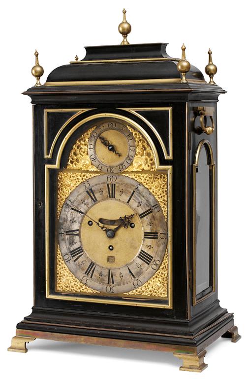 An English early 18th century seven-bells bracket clock, dial face marked S: De Charmes London.