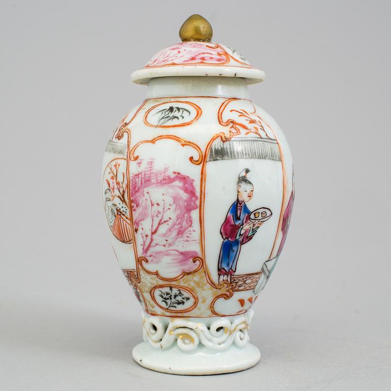 An 18th century famille rose tea caddy.