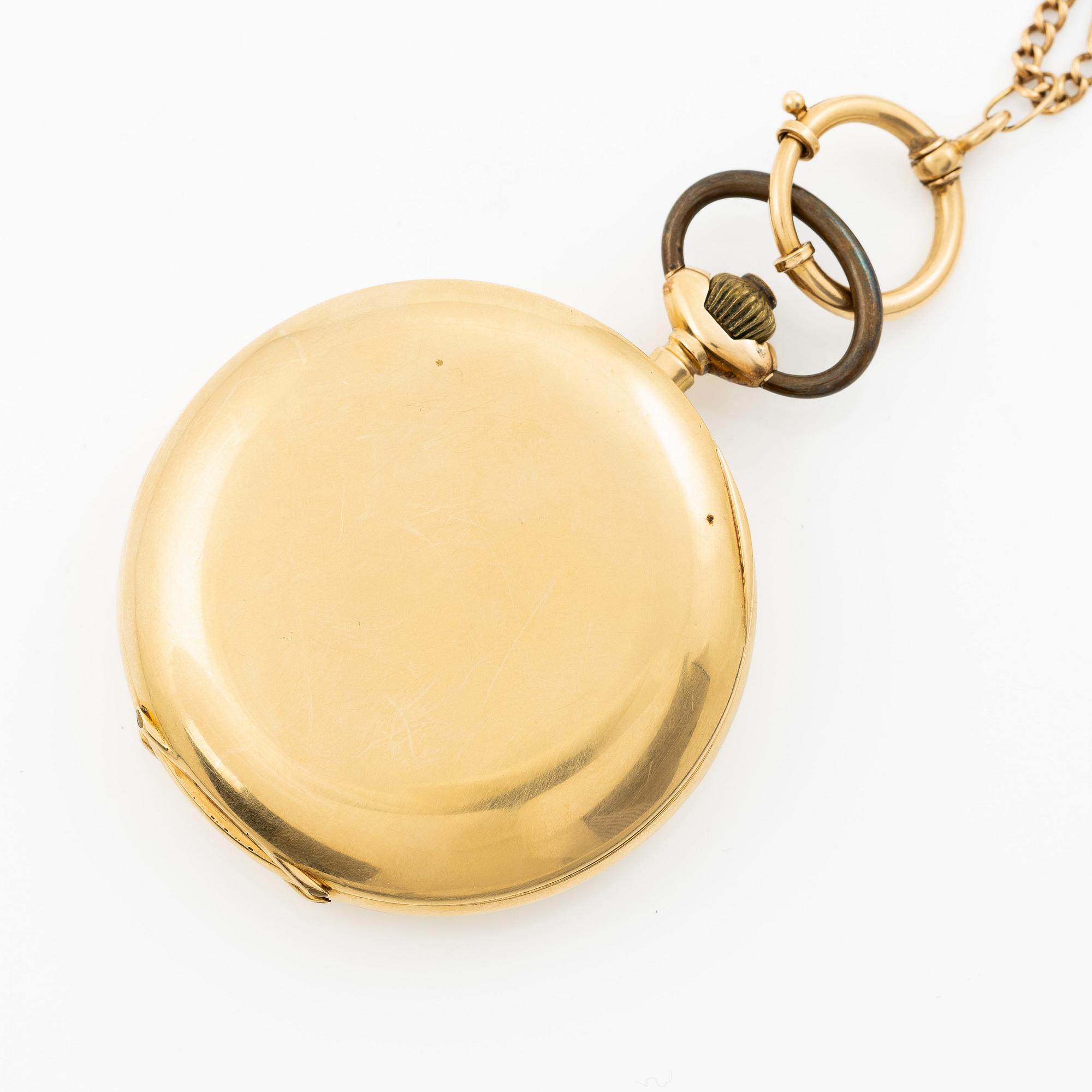 Pocket watch, hunter, 18K gold, chain 18K gold, 55 mm.
