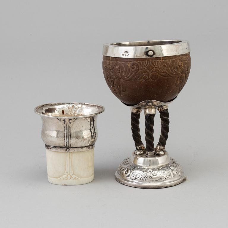 A Swedish Art Nouveau silver and coconut stemcup and a silver and ivory beaker, Makers mark Märta af Ekenstam, Malmö.